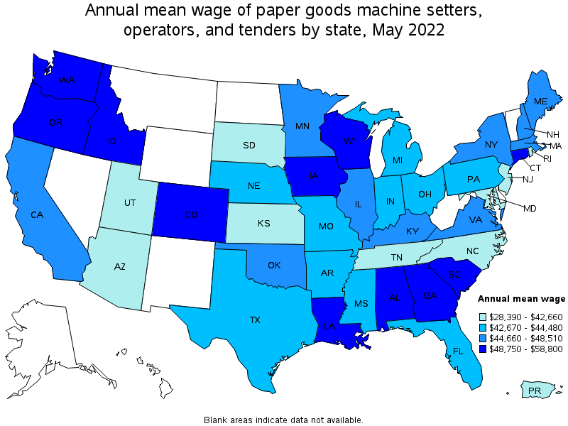 Map of annual mean wages of paper goods machine setters, operators, and tenders by state, May 2022