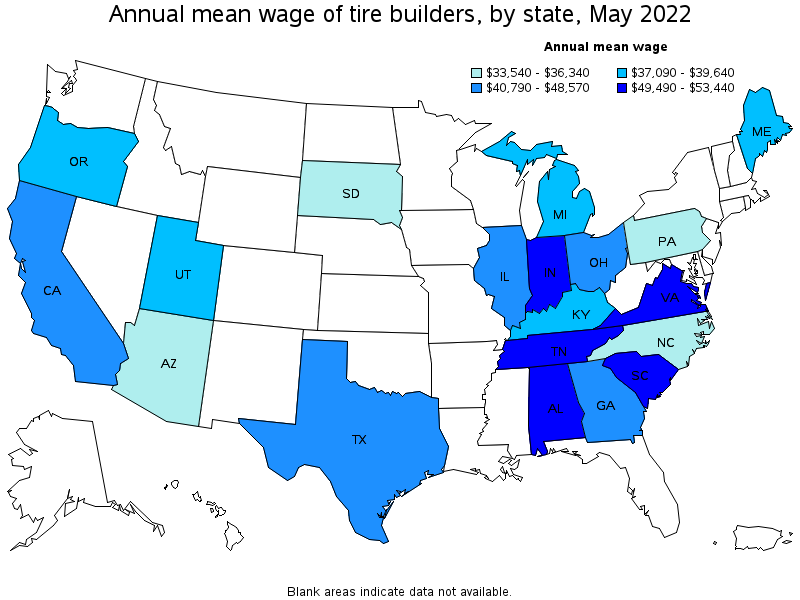 Map of annual mean wages of tire builders by state, May 2022