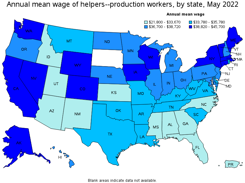 Map of annual mean wages of helpers--production workers by state, May 2022