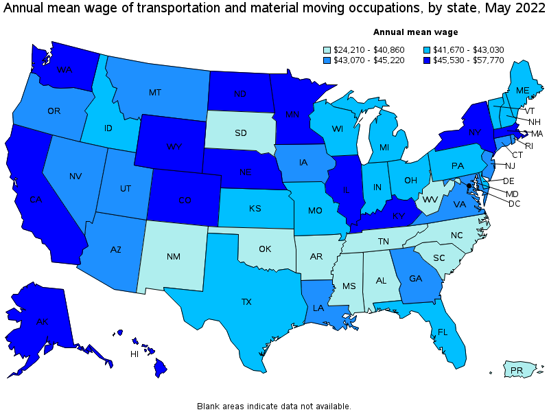 Map of annual mean wages of transportation and material moving occupations by state, May 2022