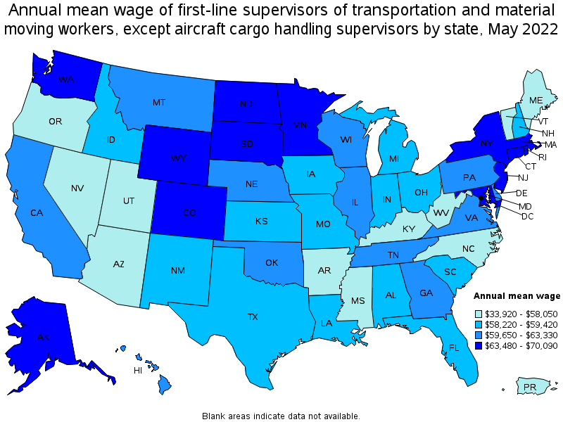 Map of annual mean wages of first-line supervisors of transportation and material moving workers, except aircraft cargo handling supervisors by state, May 2022