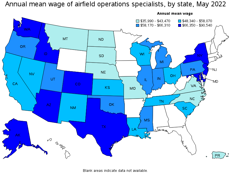 Map of annual mean wages of airfield operations specialists by state, May 2022