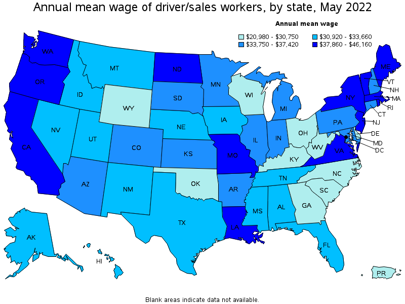 Map of annual mean wages of driver/sales workers by state, May 2022