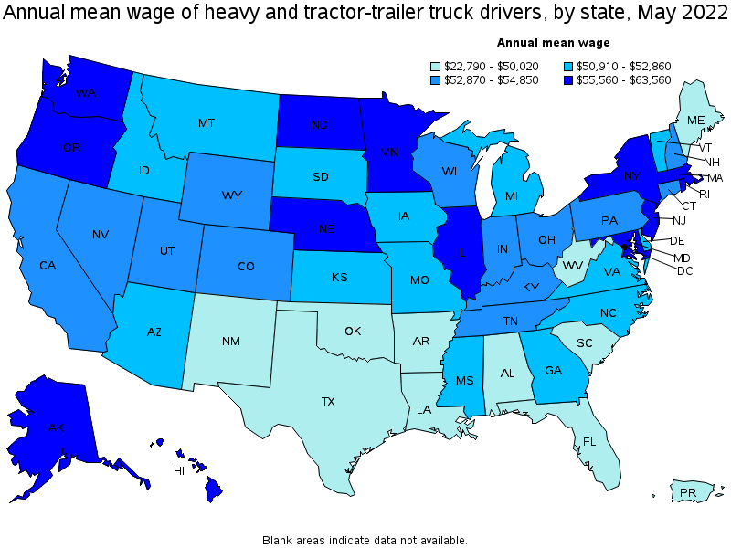 Map of annual mean wages of heavy and tractor-trailer truck drivers by state, May 2022