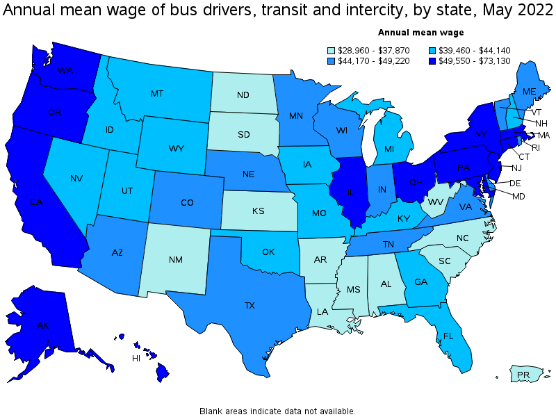 Map of annual mean wages of bus drivers, transit and intercity by state, May 2022