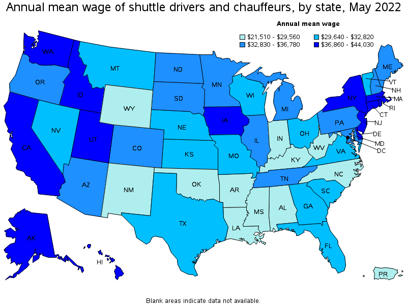 Map of annual mean wages of shuttle drivers and chauffeurs by state, May 2022