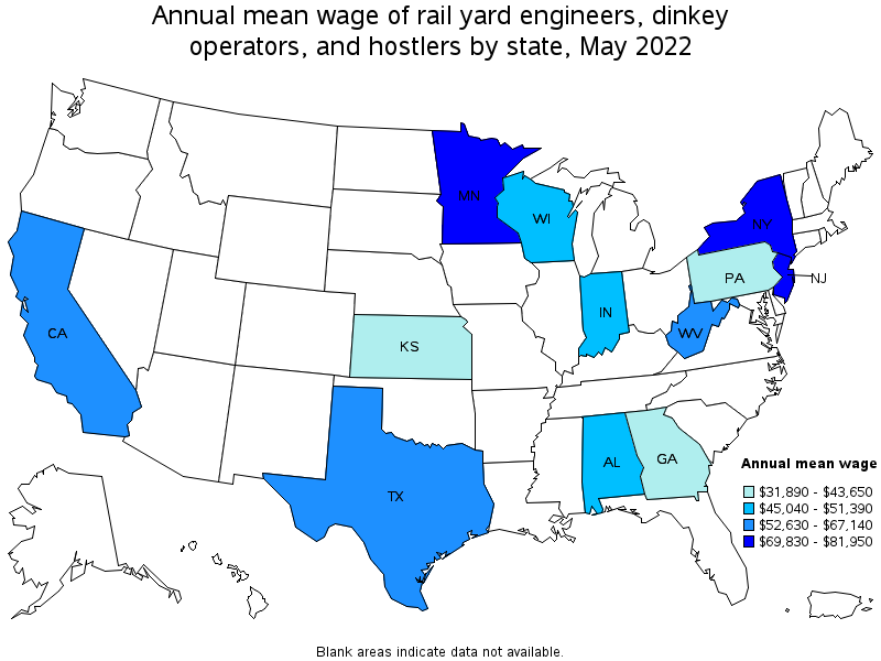 Map of annual mean wages of rail yard engineers, dinkey operators, and hostlers by state, May 2022
