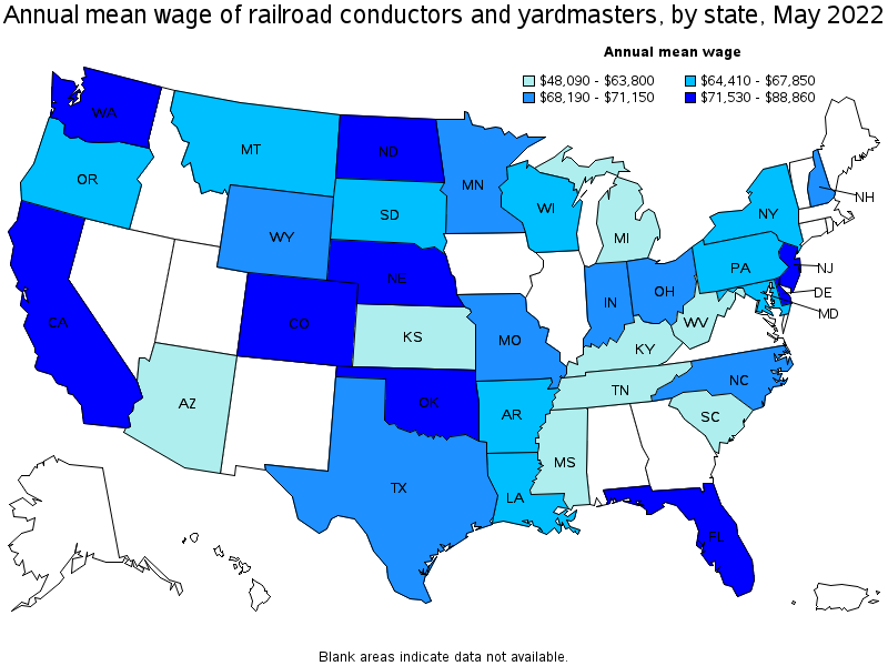 Map of annual mean wages of railroad conductors and yardmasters by state, May 2022