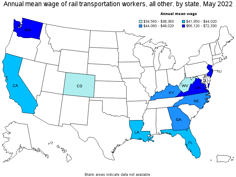 Map of annual mean wages of rail transportation workers, all other by state, May 2022