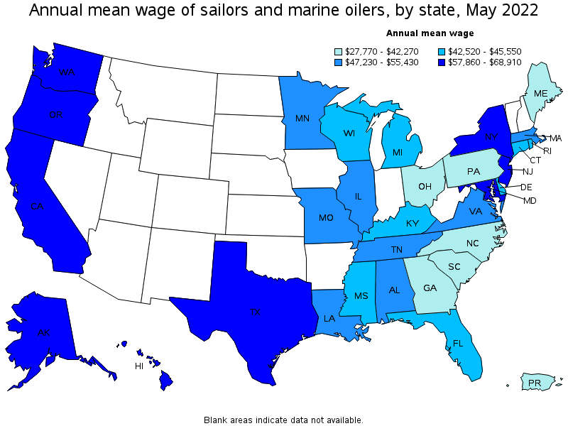 Map of annual mean wages of sailors and marine oilers by state, May 2022