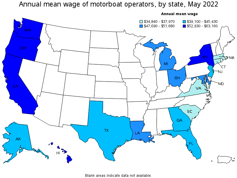 Map of annual mean wages of motorboat operators by state, May 2022