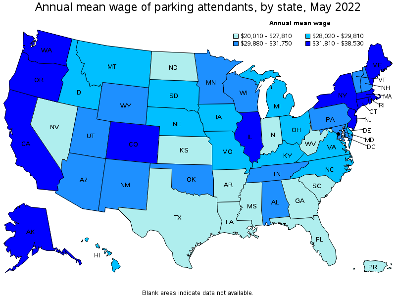 Map of annual mean wages of parking attendants by state, May 2022