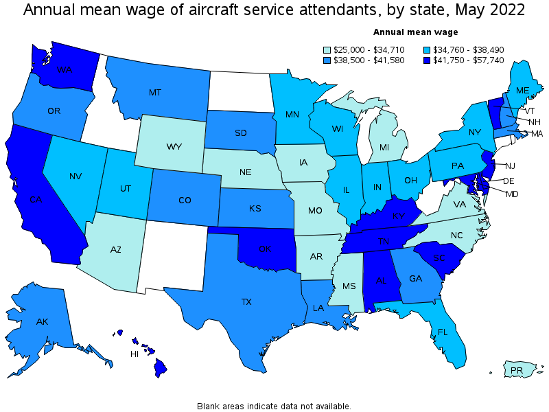 Map of annual mean wages of aircraft service attendants by state, May 2022