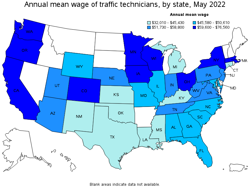 Map of annual mean wages of traffic technicians by state, May 2022