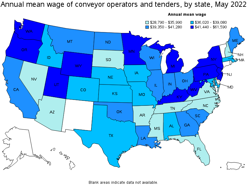 Map of annual mean wages of conveyor operators and tenders by state, May 2022