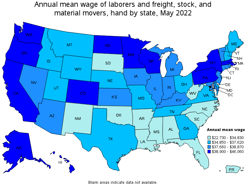 Map of annual mean wages of laborers and freight, stock, and material movers, hand by state, May 2022