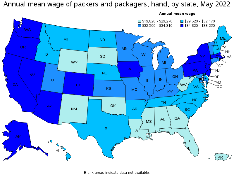 Map of annual mean wages of packers and packagers, hand by state, May 2022