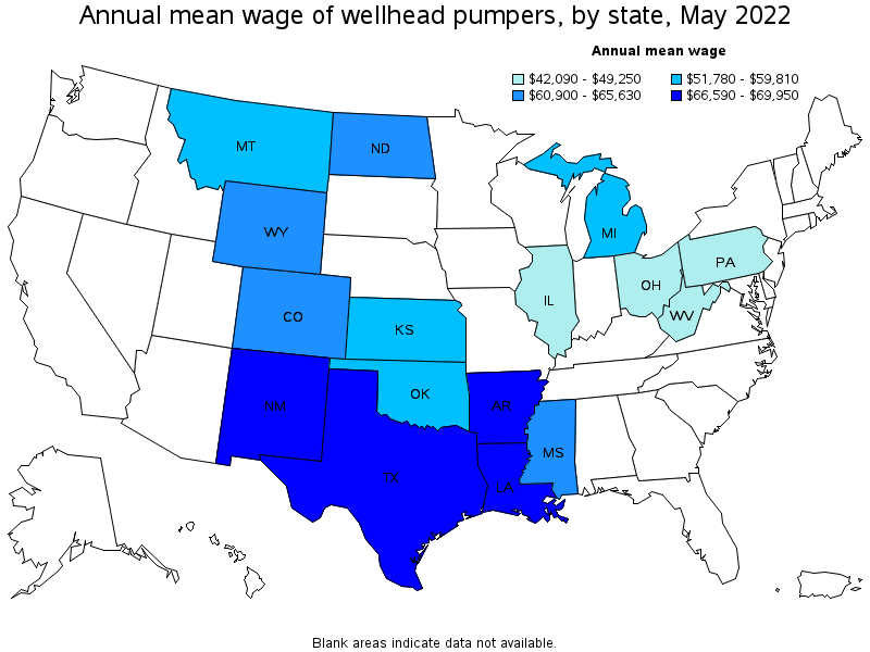 Map of annual mean wages of wellhead pumpers by state, May 2022