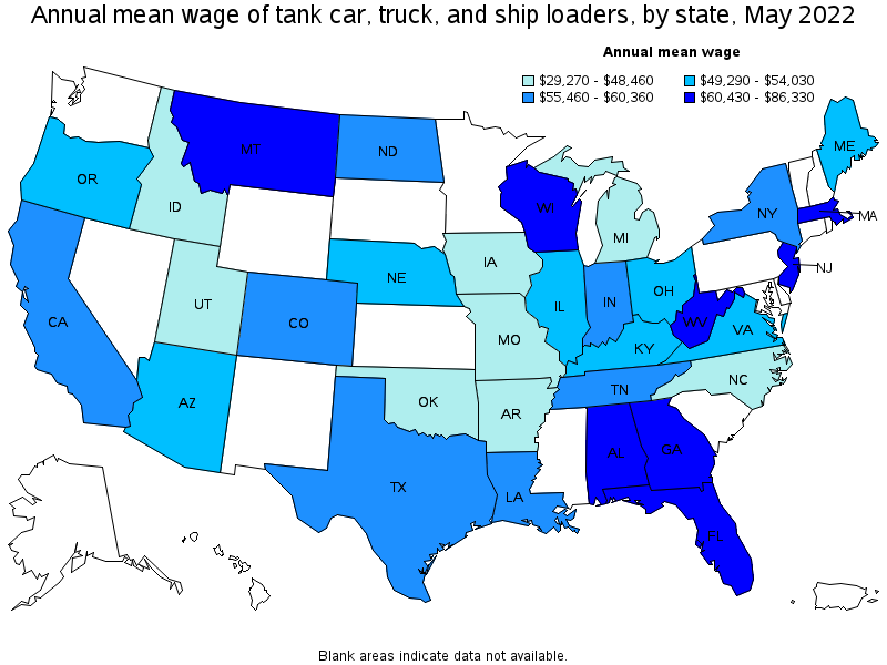 Map of annual mean wages of tank car, truck, and ship loaders by state, May 2022