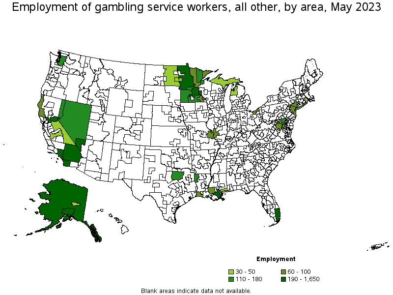 Map of employment of gambling service workers, all other by area, May 2023