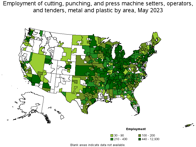 Map of employment of cutting, punching, and press machine setters, operators, and tenders, metal and plastic by area, May 2023