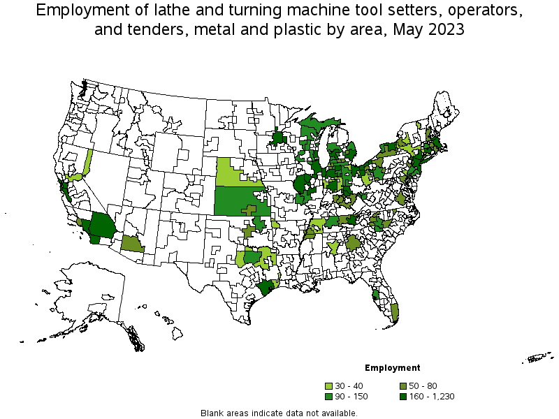 Map of employment of lathe and turning machine tool setters, operators, and tenders, metal and plastic by area, May 2023