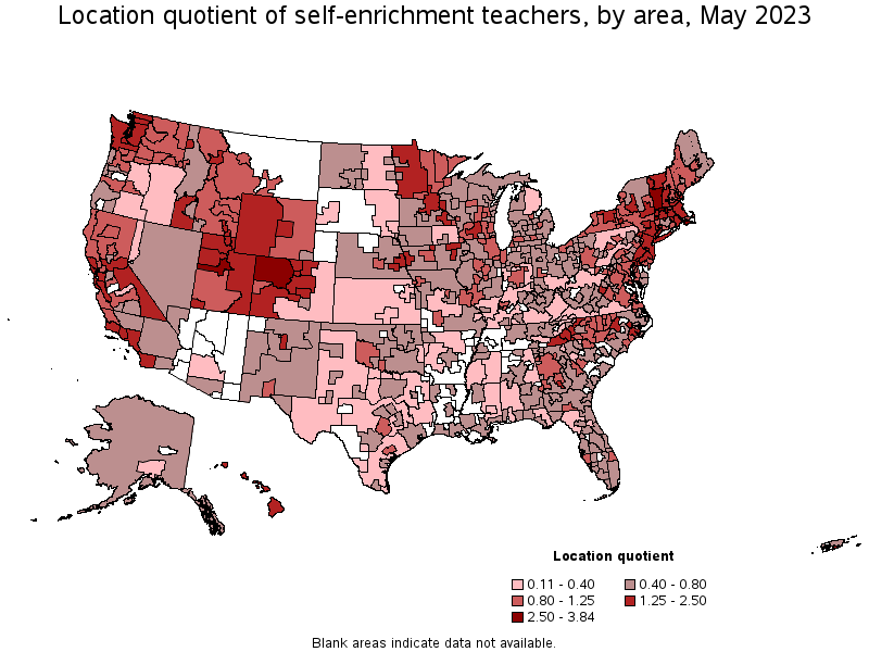 Map of location quotient of self-enrichment teachers by area, May 2023