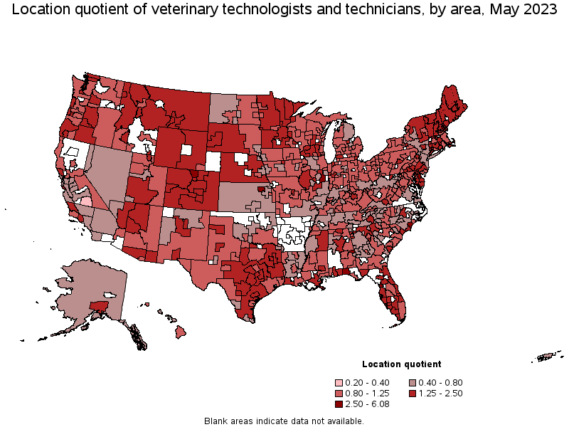 Map of location quotient of veterinary technologists and technicians by area, May 2023