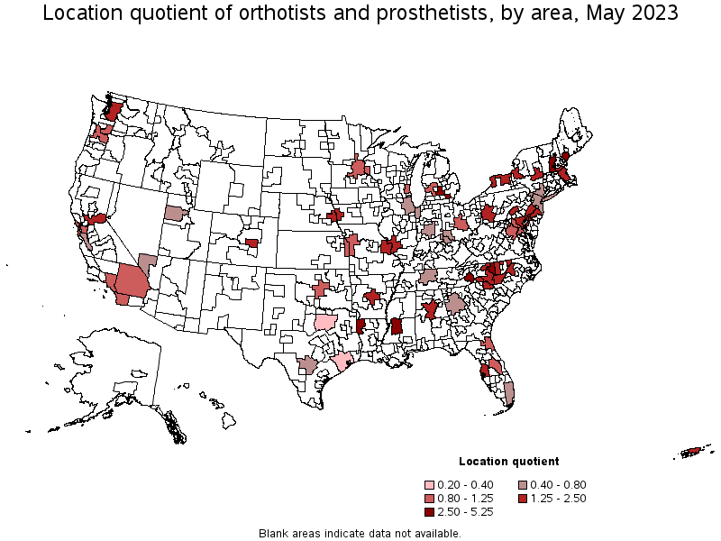 Map of location quotient of orthotists and prosthetists by area, May 2023