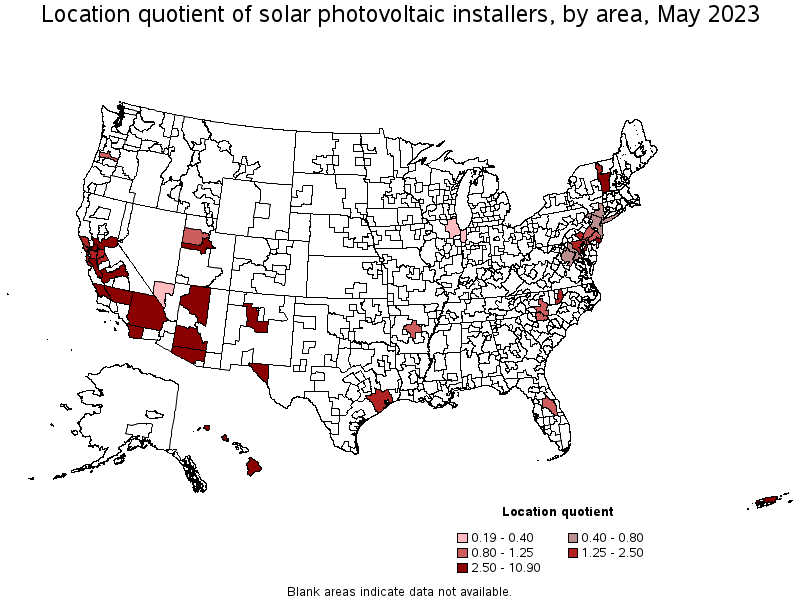 Map of location quotient of solar photovoltaic installers by area, May 2023