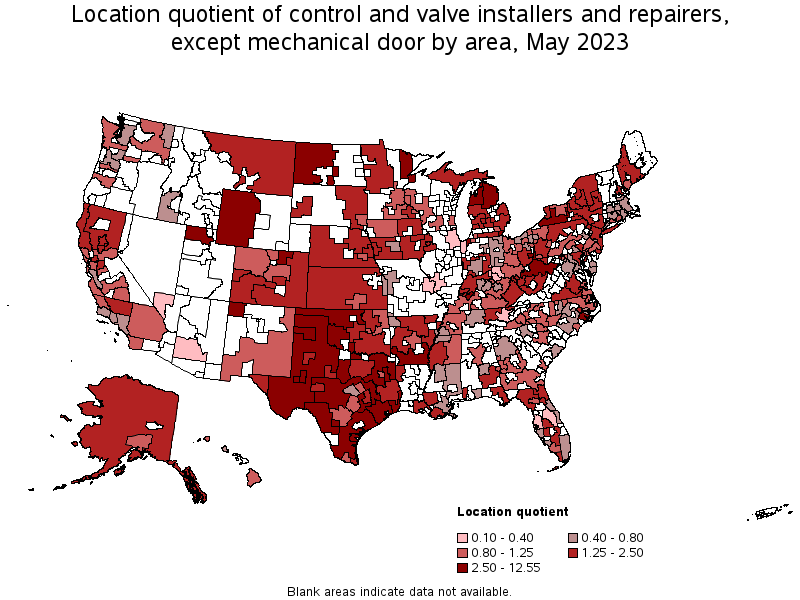 Map of location quotient of control and valve installers and repairers, except mechanical door by area, May 2023