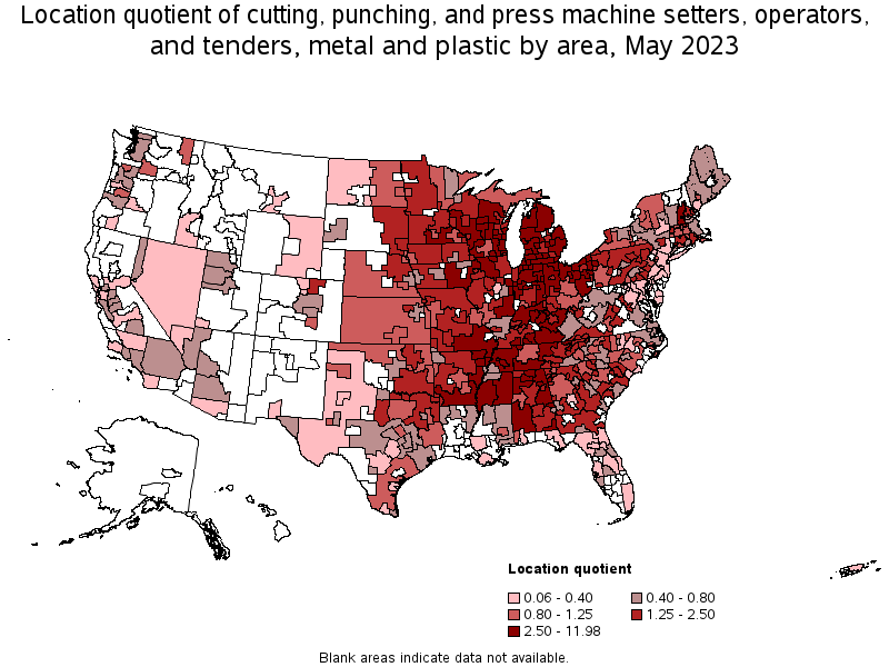 Map of location quotient of cutting, punching, and press machine setters, operators, and tenders, metal and plastic by area, May 2023