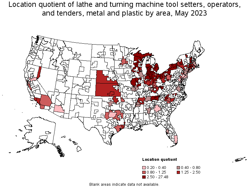 Map of location quotient of lathe and turning machine tool setters, operators, and tenders, metal and plastic by area, May 2023