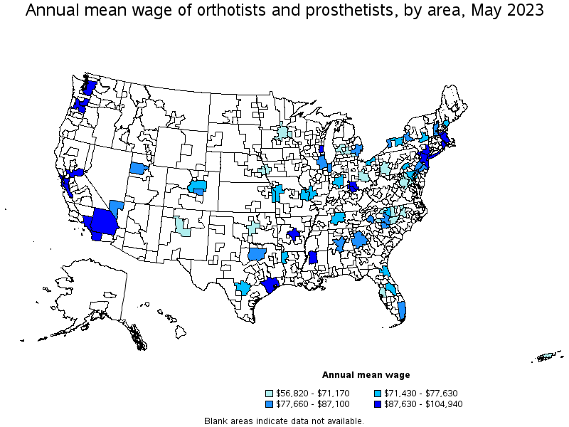 Map of annual mean wages of orthotists and prosthetists by area, May 2023