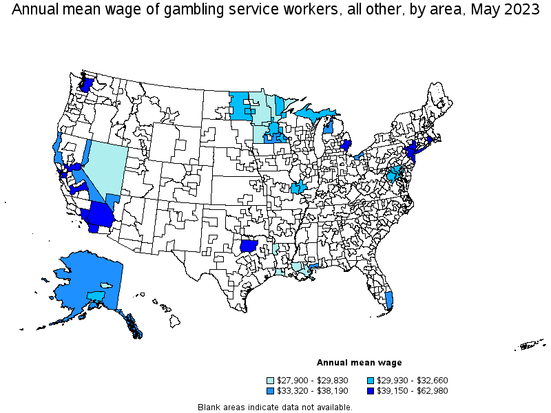 Map of annual mean wages of gambling service workers, all other by area, May 2023