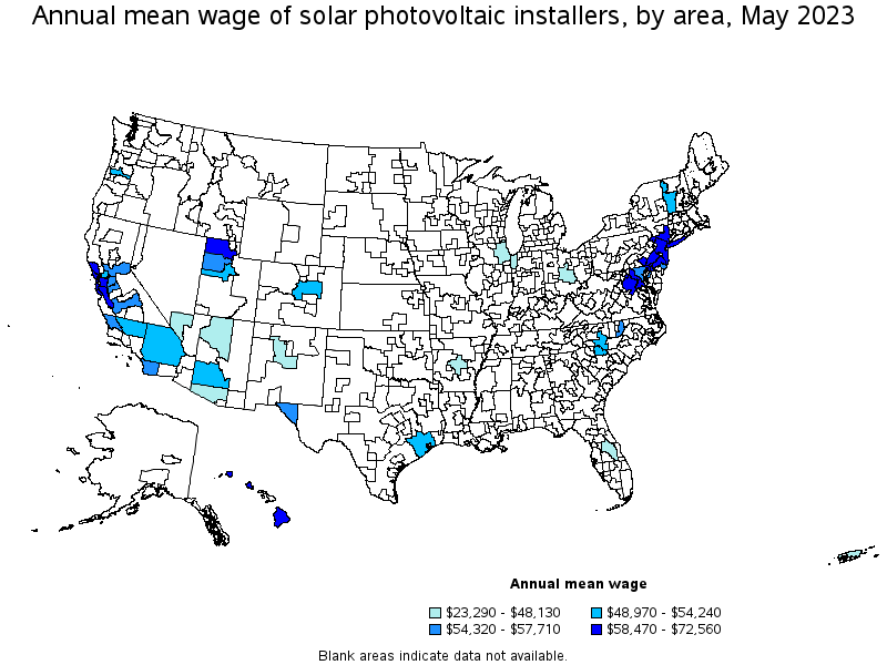 Map of annual mean wages of solar photovoltaic installers by area, May 2023