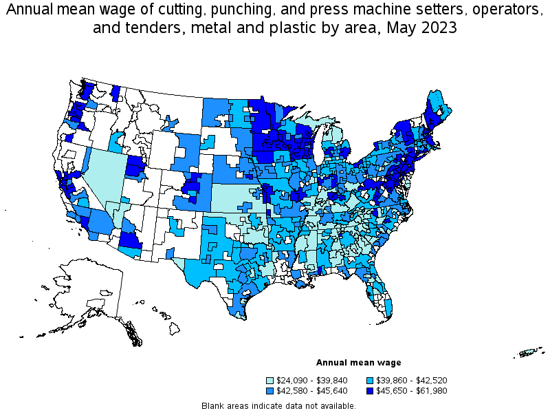 Map of annual mean wages of cutting, punching, and press machine setters, operators, and tenders, metal and plastic by area, May 2023