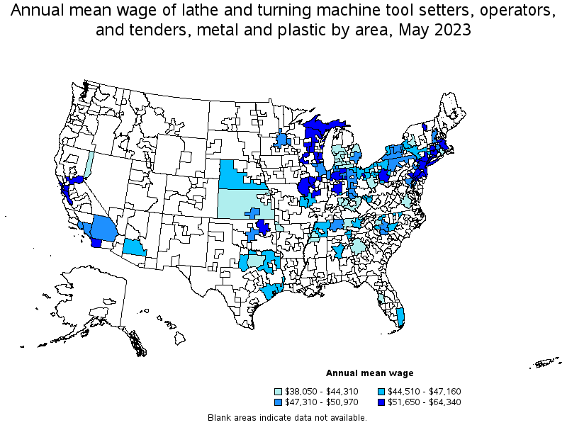 Map of annual mean wages of lathe and turning machine tool setters, operators, and tenders, metal and plastic by area, May 2023