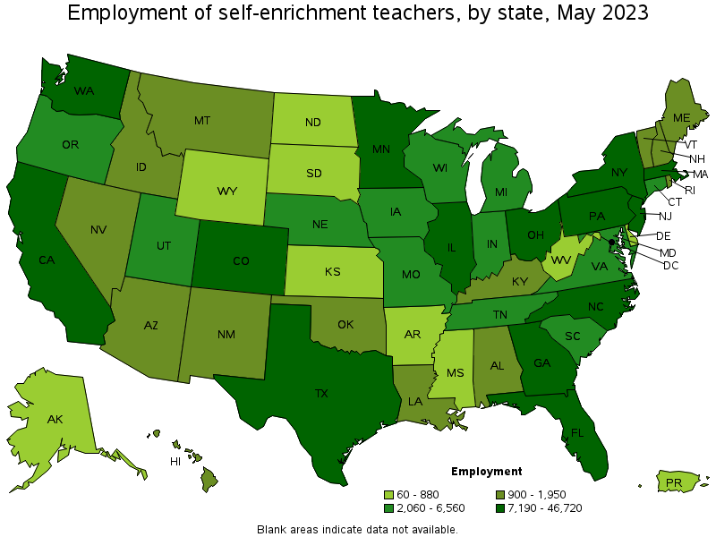 Map of employment of self-enrichment teachers by state, May 2023