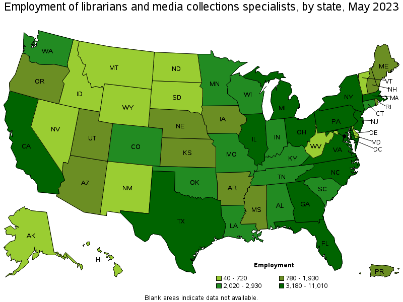 Map of employment of librarians and media collections specialists by state, May 2023