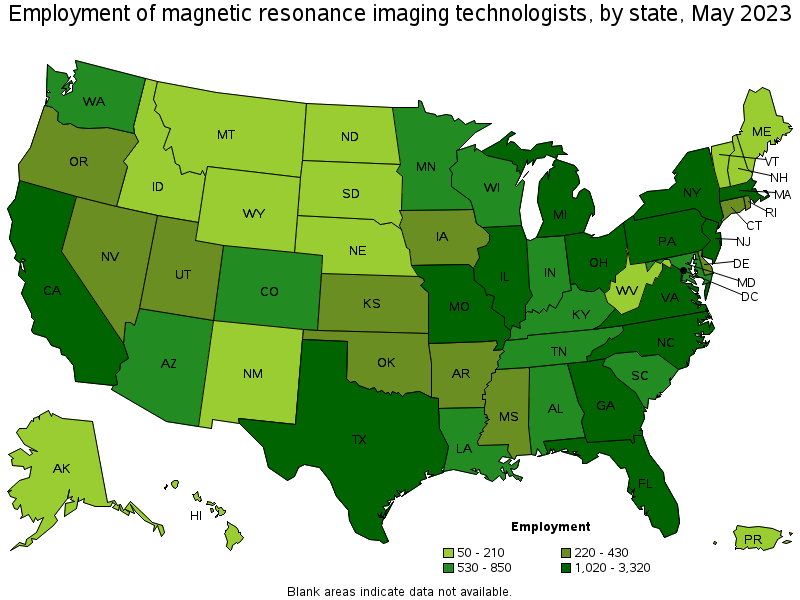 Map of employment of magnetic resonance imaging technologists by state, May 2023