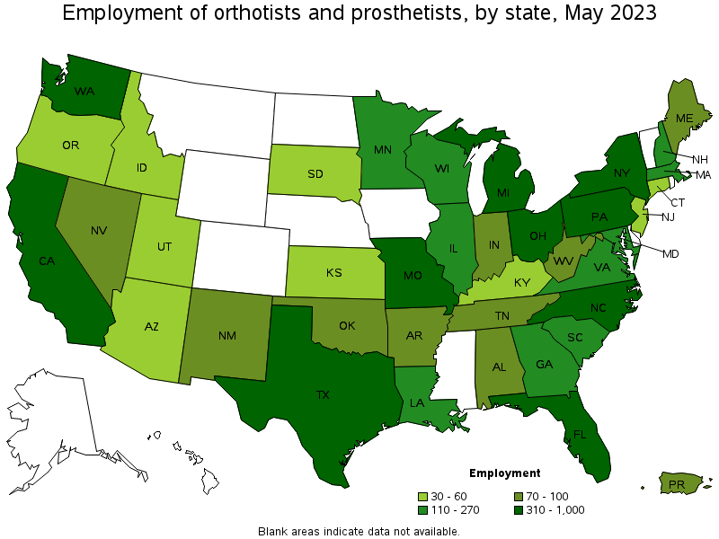 Map of employment of orthotists and prosthetists by state, May 2023