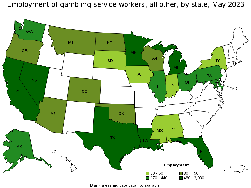 Map of employment of gambling service workers, all other by state, May 2023