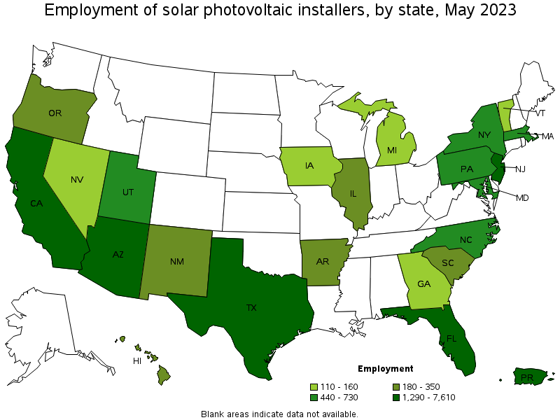 Map of employment of solar photovoltaic installers by state, May 2023