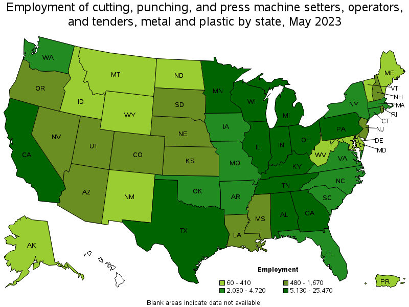 Map of employment of cutting, punching, and press machine setters, operators, and tenders, metal and plastic by state, May 2023