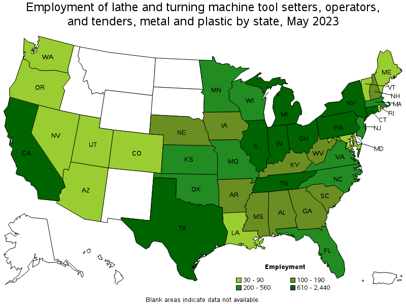 Map of employment of lathe and turning machine tool setters, operators, and tenders, metal and plastic by state, May 2023