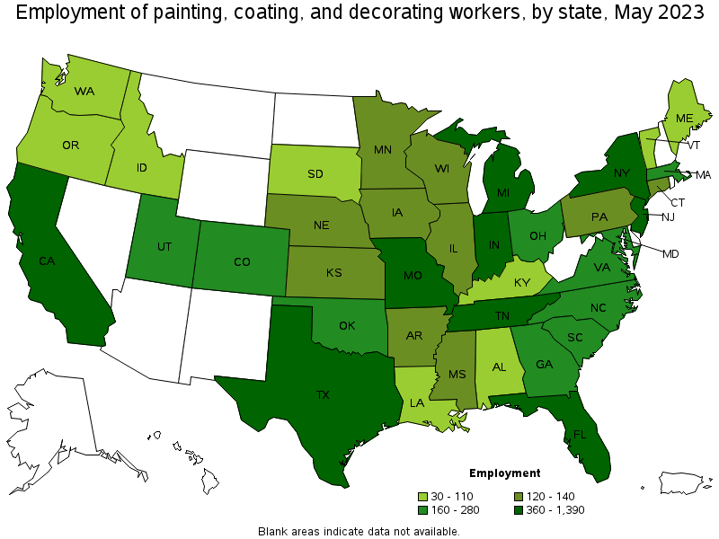 Map of employment of painting, coating, and decorating workers by state, May 2023
