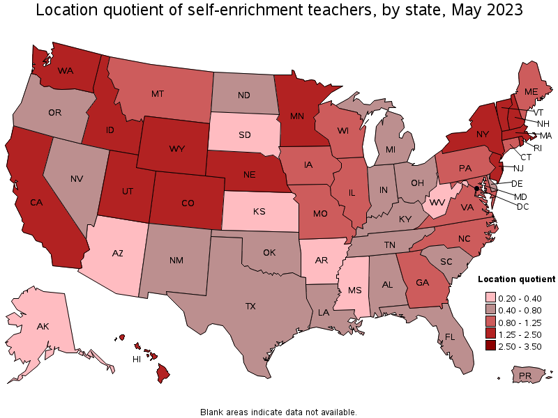Map of location quotient of self-enrichment teachers by state, May 2023