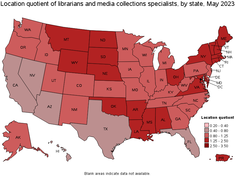 Map of location quotient of librarians and media collections specialists by state, May 2023