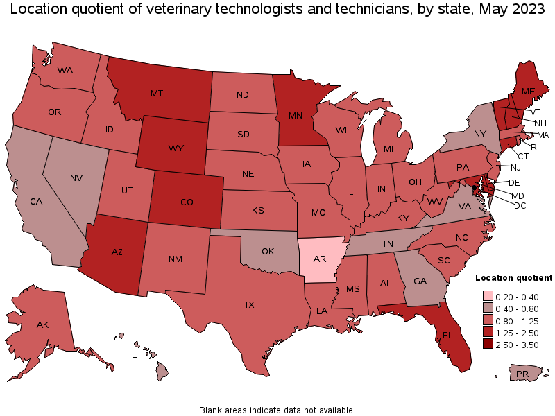 Map of location quotient of veterinary technologists and technicians by state, May 2023